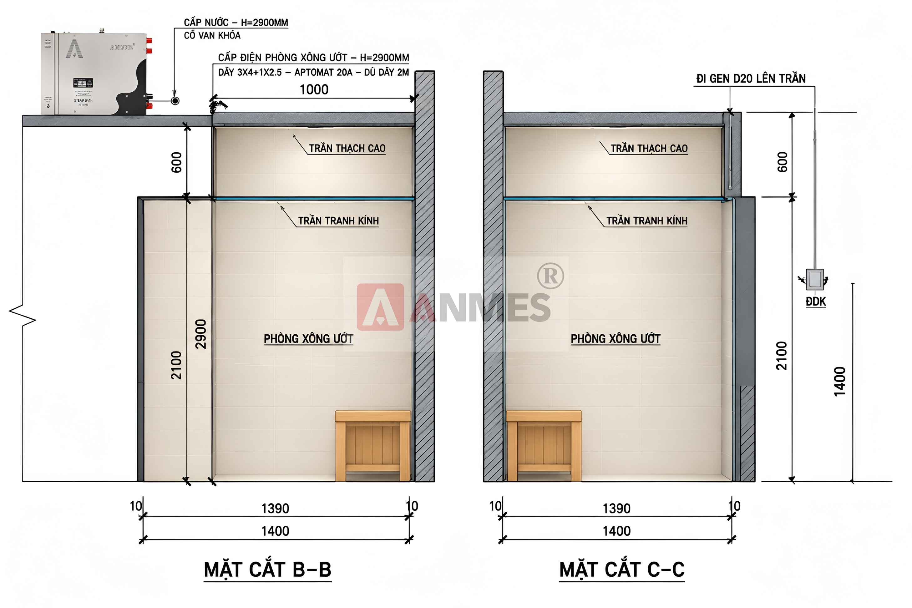 Bản vẽ chờ điện nước của máy xông hơi ướt Anmes 9kw