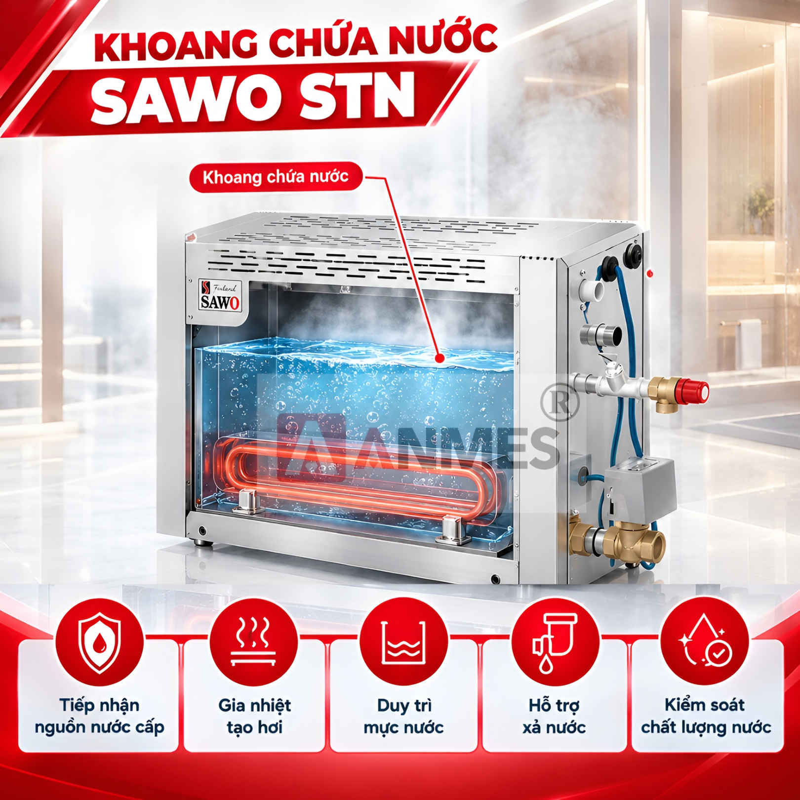 Khoang chứa nước của máy xông hơi ướt Sawo STN