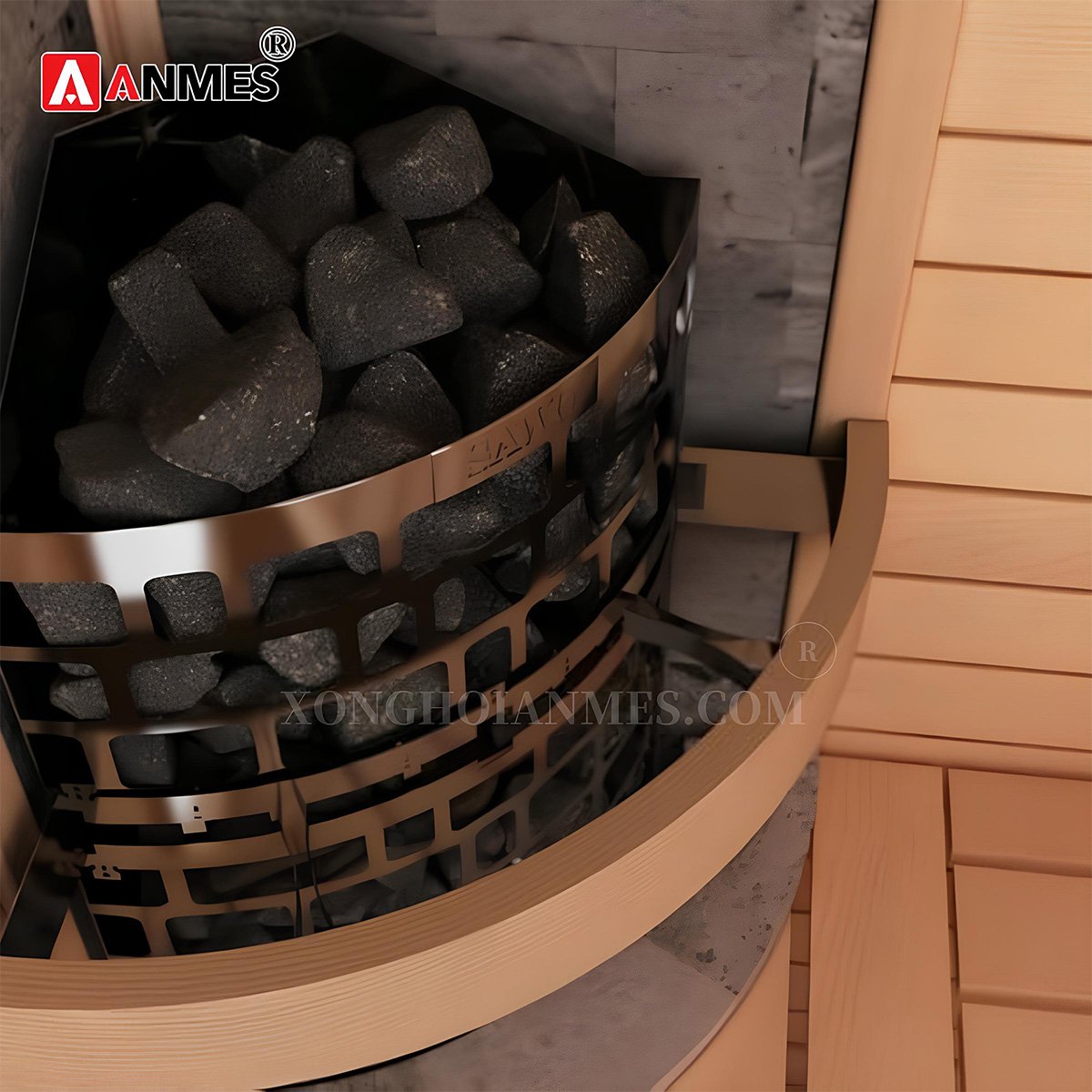 Khoang chứa đá sauna rộng rãi, giữ nhiệt tốt của máy xông hơi khô Sawo Aries Corner